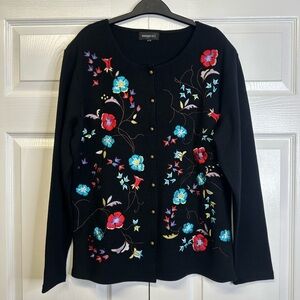 Black Floral Embroidered Sweater Button Down Cardigan Women’s XL